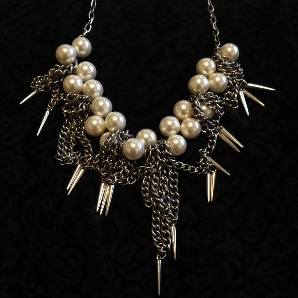 Banana Republic Faux Pearls and Spikes Asymmetrical Statement Necklace